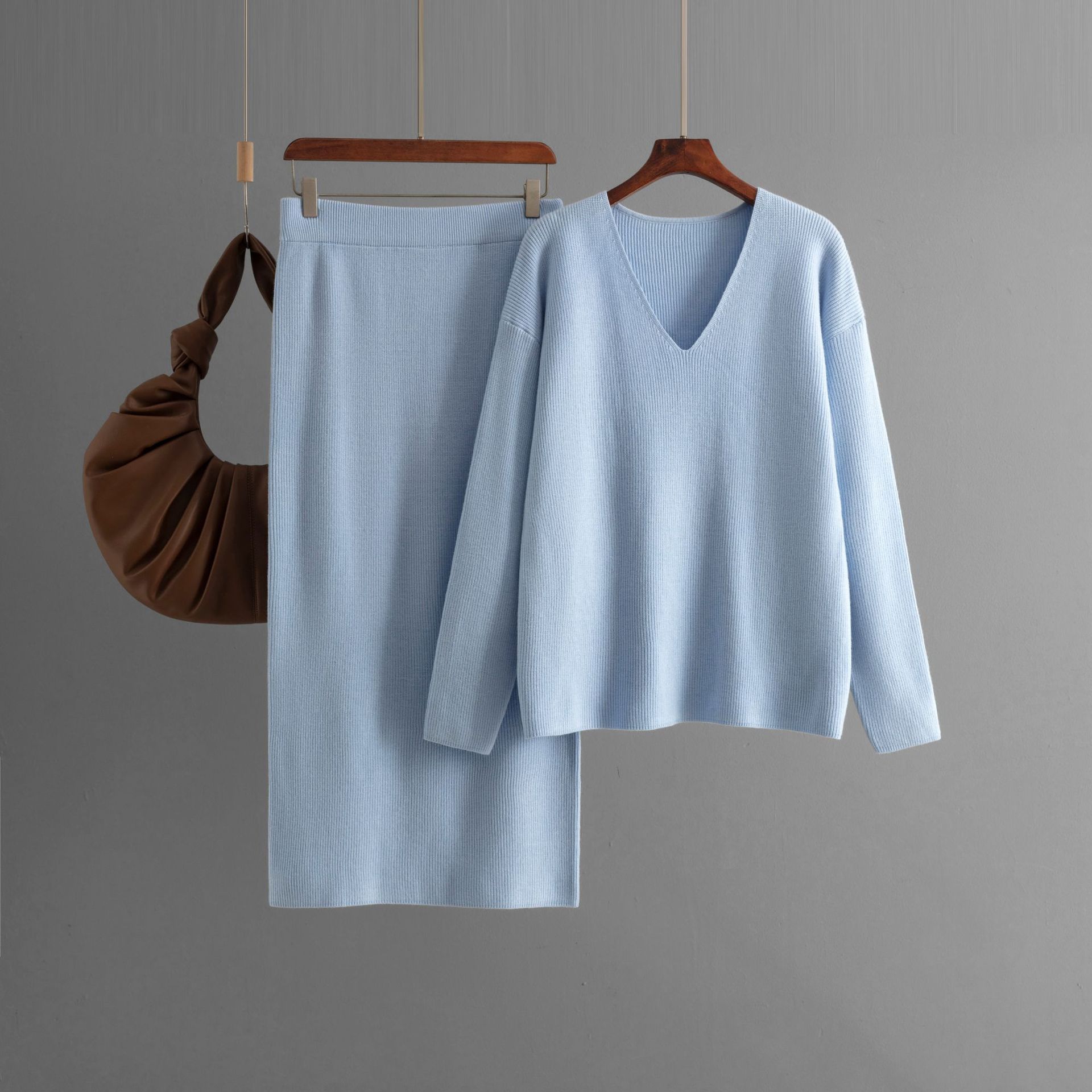 V-neck long-sleeved loose knitted skirt two-piece set