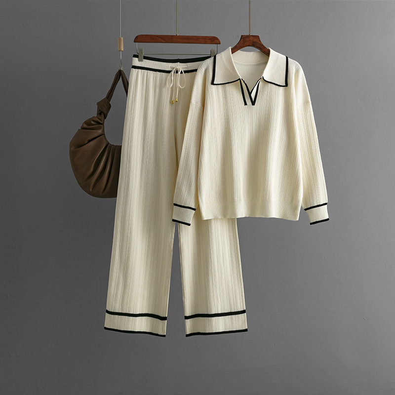 2024 New Lapel Contrast Color Fashion Casual Suit High Waist Slim Knitted Two-piece Set