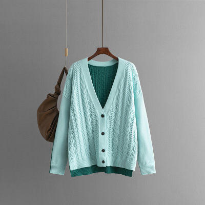 2024 new loose-fitting color-block cable-knit V-neck cardigan