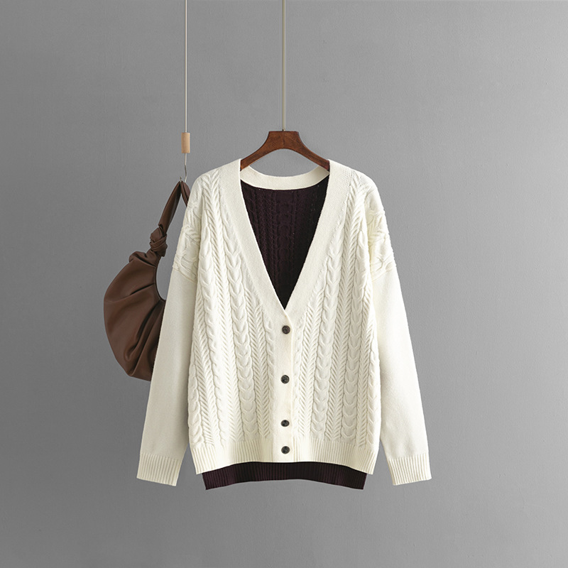 2024 new loose-fitting color-block cable-knit V-neck cardigan