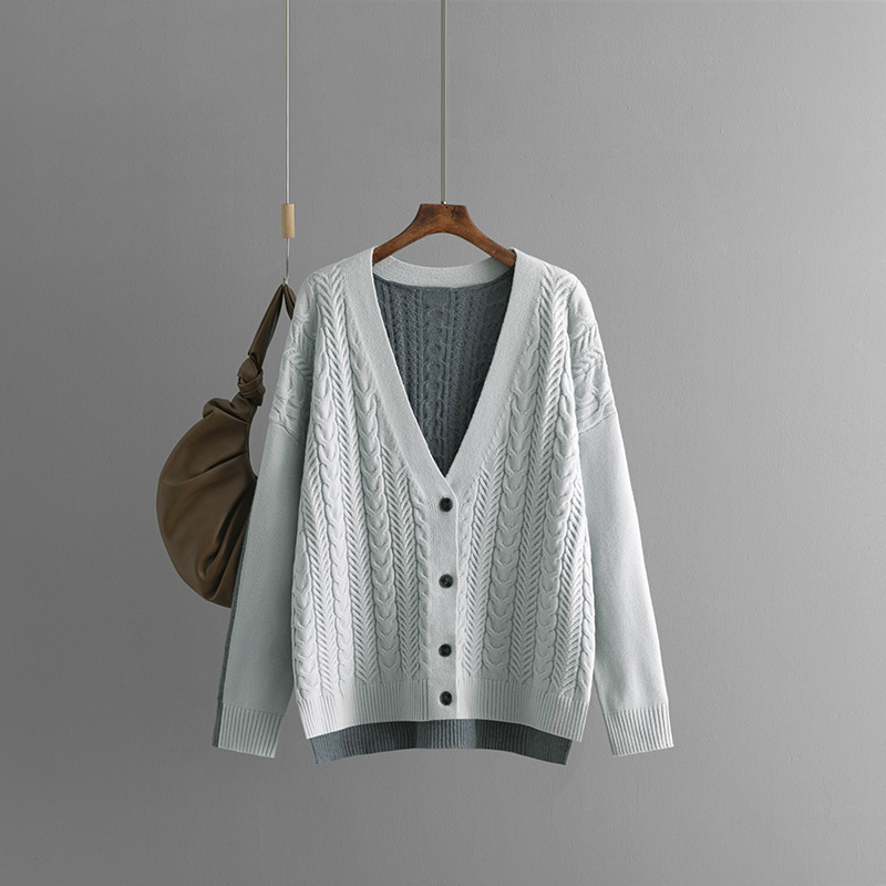 2024 new loose-fitting color-block cable-knit V-neck cardigan