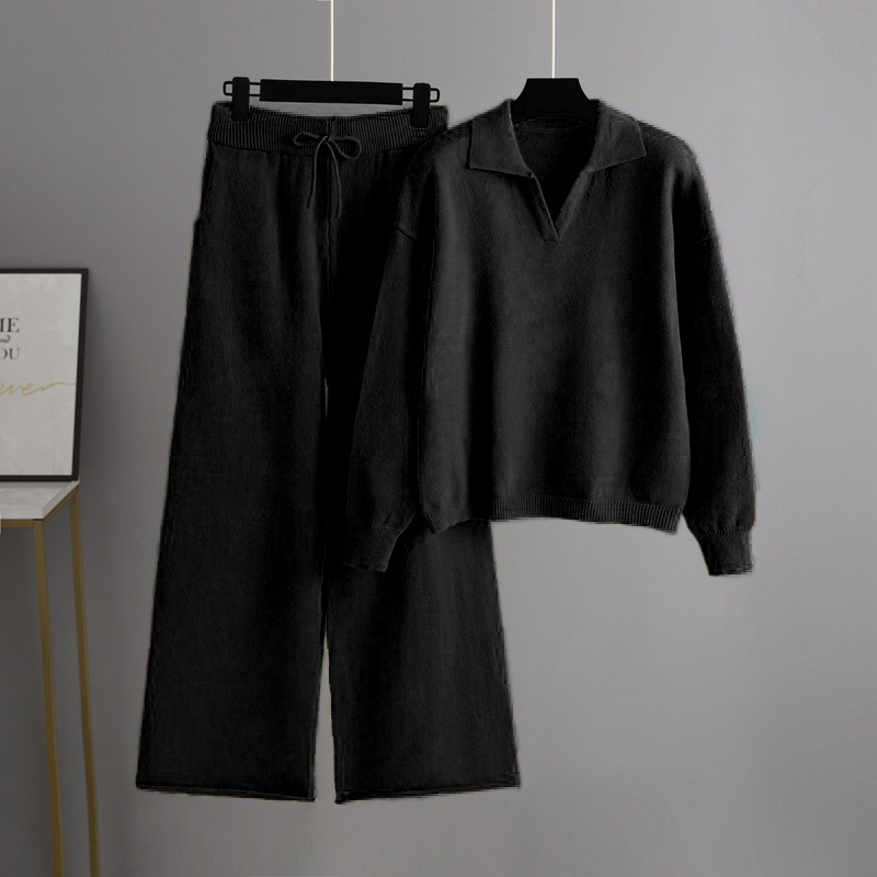 Loose polo collar sweater wide leg pants temperament two piece set