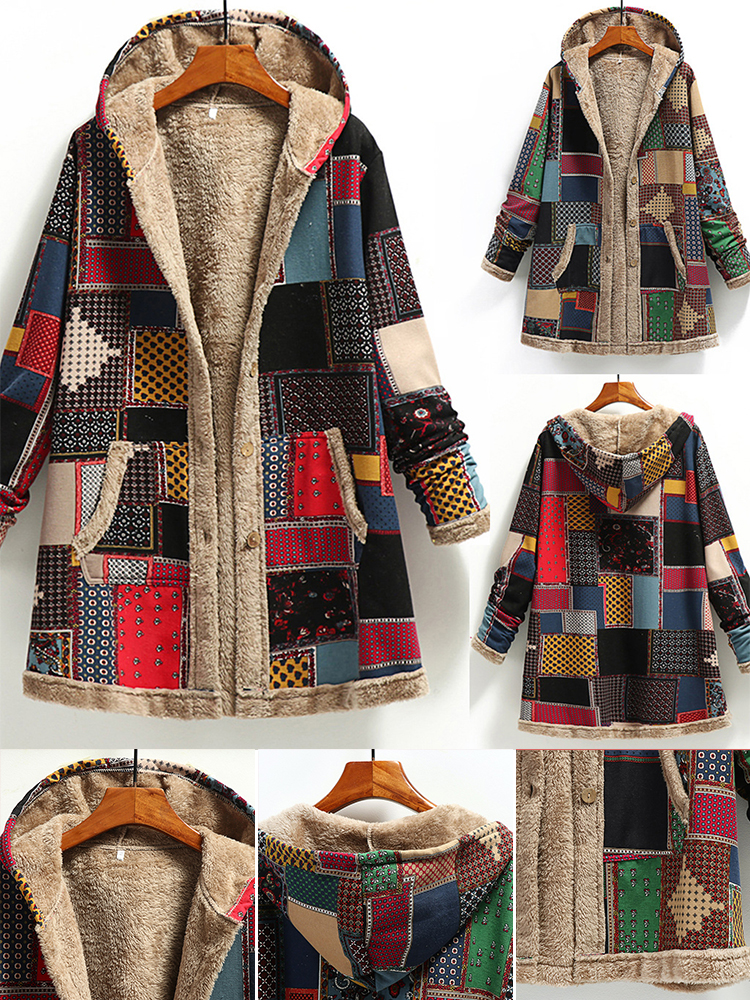 Winter Vintage Women Coat Warm Thick Fleece Hoodie