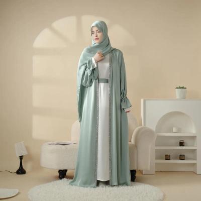 Poet Sleeve Satin Open Abaya With Matching Belt and Hijab