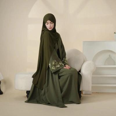 Olive Branch Embroidered Linen Abaya Set With Matching Belt & Hijab
