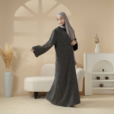 Classic Black White Cocoon Plaid Tweed Open Abaya Coat