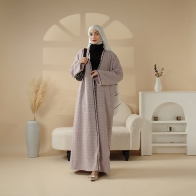 Elegant Chanel Inspired Fringed Plaid Tweed Open Abaya Coat