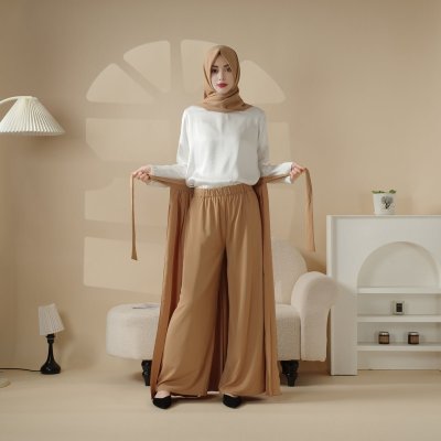 Pleated Overskirt, Wide - Cut Pants & Matching Hijab Set