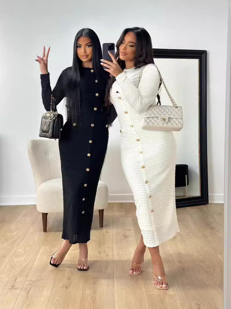 French Slim Buttoned Knit Long Dress