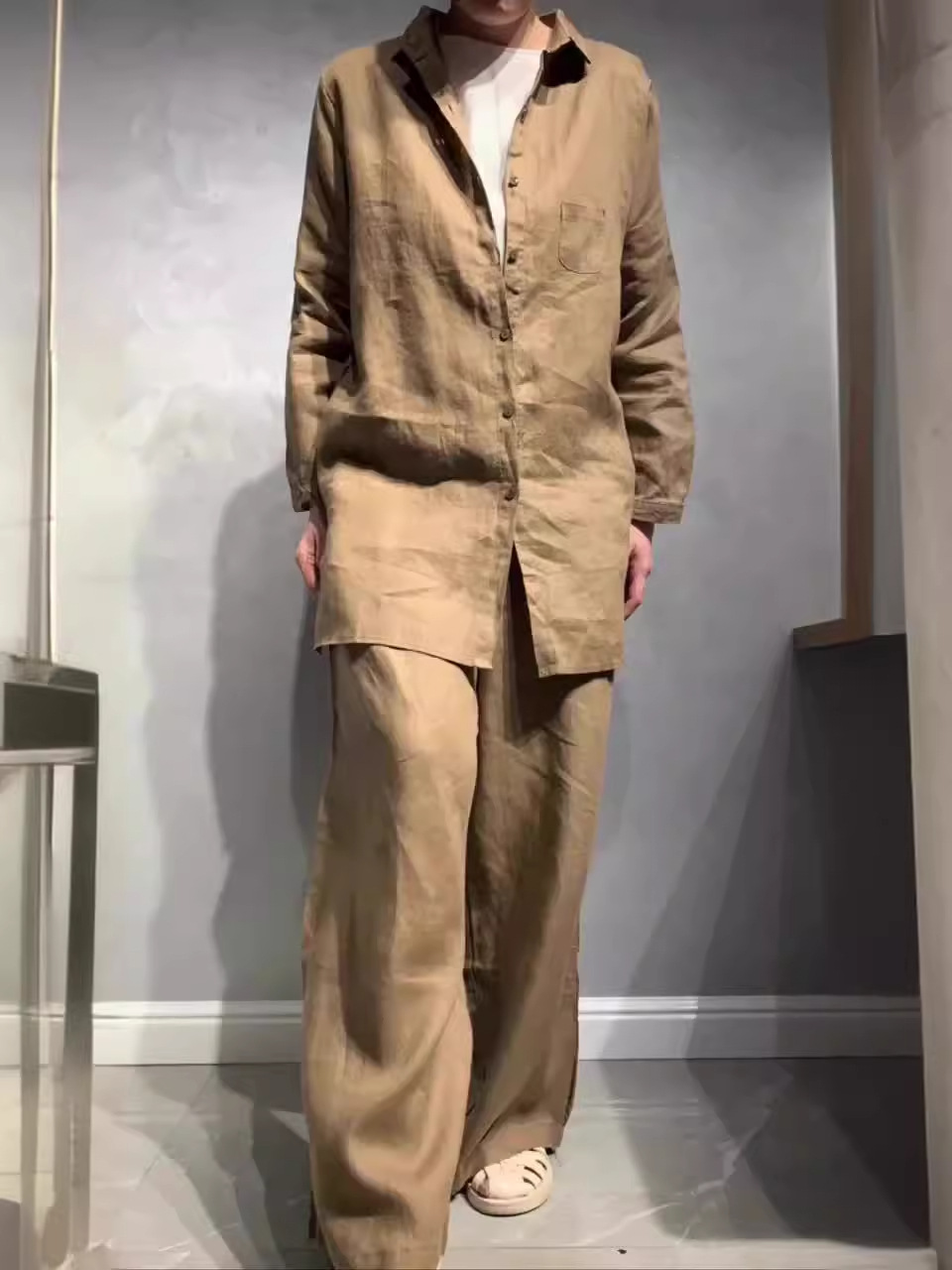 Solid color loose casual shirt wide-leg trousers casual two-piece set