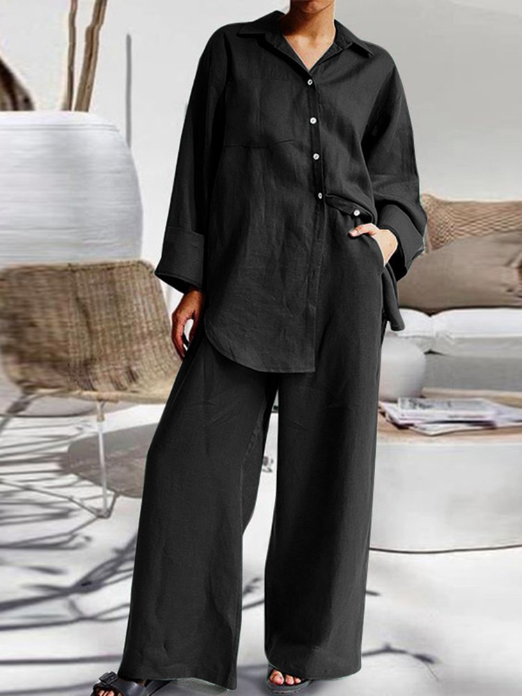 Solid color loose casual shirt wide-leg trousers casual two-piece set