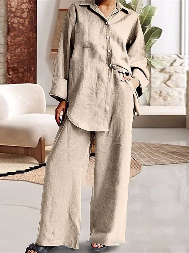 Solid color loose casual shirt wide-leg trousers casual two-piece set