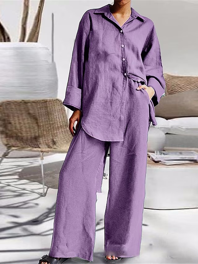 Solid color loose casual shirt wide-leg trousers casual two-piece set