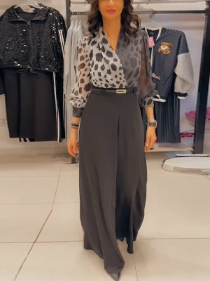 Elegant and sexy V-neck top printed wide-leg pants two-piece set