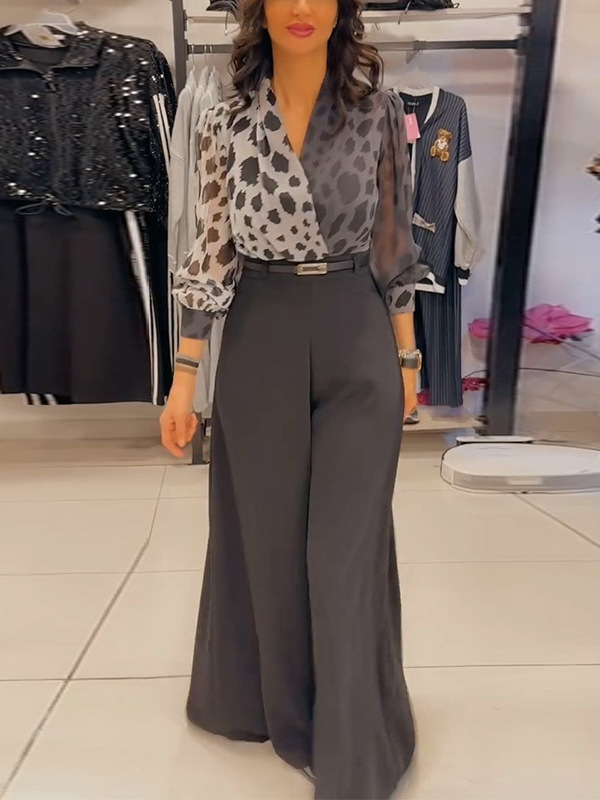 Elegant and sexy V-neck top printed wide-leg pants two-piece set