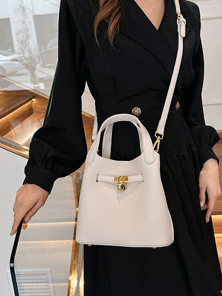 Soft leather bucket bag with litchi texture