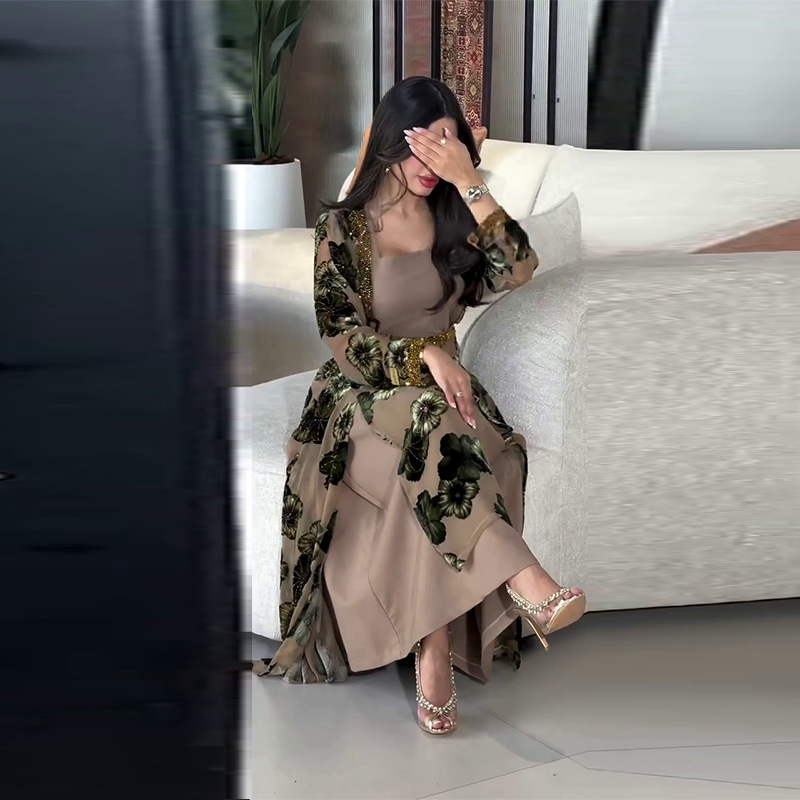 Sexy slim fork printed long sleeves long sport dress