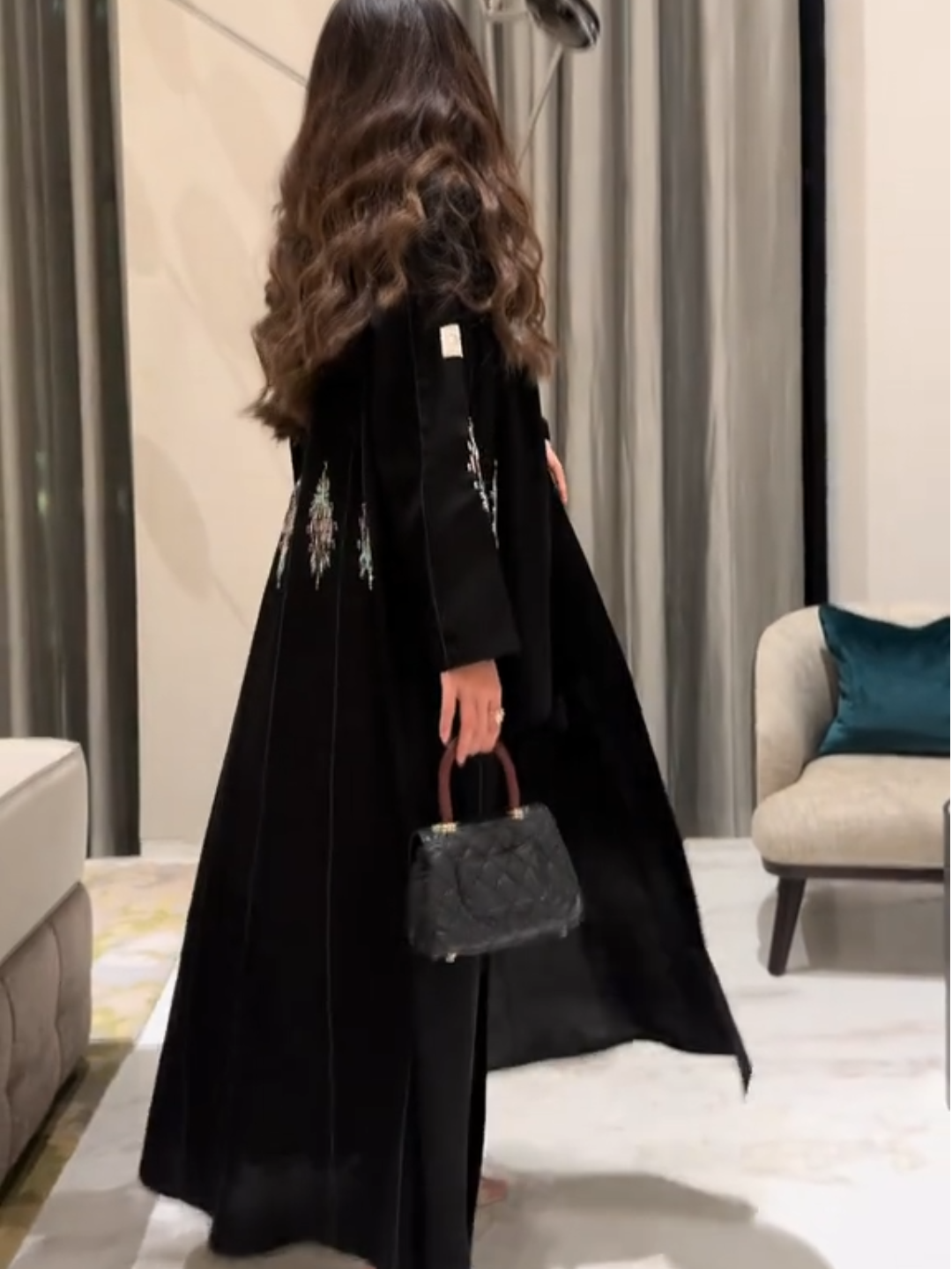 Black velvet robe with heavy sequin embroidery